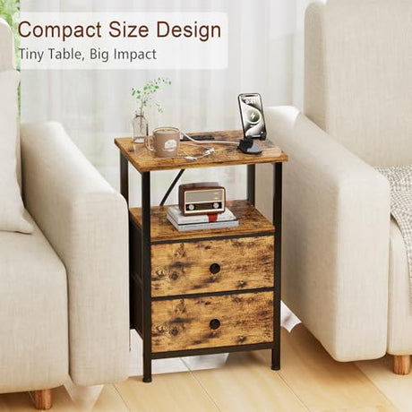 LOAKEKEL Nightstand with Charging Station, End Table with 2 Fabric Drawers, Night Stand for Bedroom, Small Bed Side Table with USB Ports and Outlets for Living Room, Brown, HETS020BR-1 LOAKEKEL