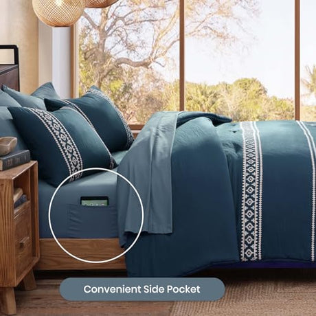 MaiRêve Embroidery Queen Size Comforter Set Navy Blue, Boho Farmhouse Western Bedding Set 7 Pieces, All Season Bed in A Bag Comforter Set with Sheets, Pillowcases & Shams MaiRêve
