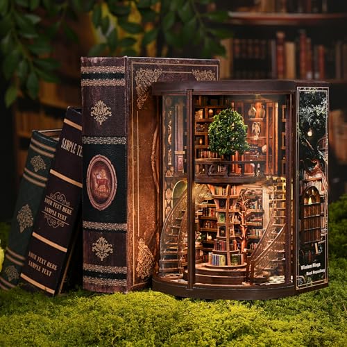 Book Nook Kit for Adults - DIY Miniature Wisdom Library Dollhouse, Book Nook Tiny House Bookshelf Decor Creative 3D Wooden Puzzle, Wooden Adult Craft Kits Gift