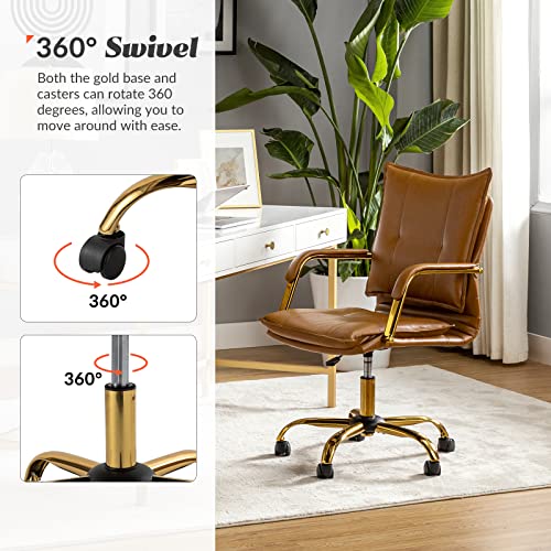 HULALA HOME Faux Leather Home Office Desk Chair, Adjustable Swivel Computer Chair with Golden Legs and Arms, Comfy Upholstered Task Chair,Camel HULALA HOME