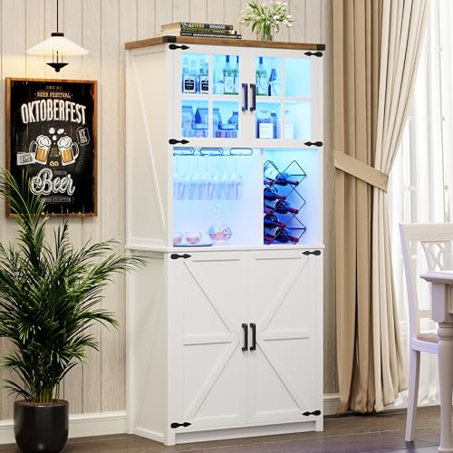 FREDEES Farmhouse Bar Cabinet with LED Light, 68'' Tall Liquor Cabinets with Wine & Glass Holder, Large Kitchen Hutch with Doors and Storage Shelves, White Coffee Bar Sideboard Buffet - WoodArtSupply