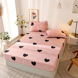 Girls Cute Heart Pattern Fitted Sheet for Kids Queen Size Lovely Pink Black Bedroom Decor Bed Sheet Set Girly Cartoon Love Geometric Bedding Set Children Modern Design Bed Cover with 2 Pillow Case Feelyou