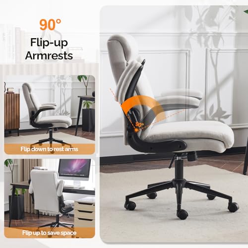 VINGLI Rolling Ergonomic Office Desk Chair with Padded Flip-up Arms, 360° Swivel High Back Executive Computer Chair with Wheels for Game,Home Small Space, Study Room, Reading Room, Linen Light Grey VINGLI