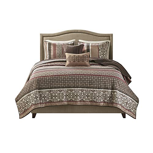 Madison Park Quilt Set Luxurious Jacquard Stripes Design - All Season, Coverlet Bedspread Lightweight Bedding Layer, Shams, Decorative Pillow, Full/Queen(90"x90"), Floral Red 5 Piece Madison Park