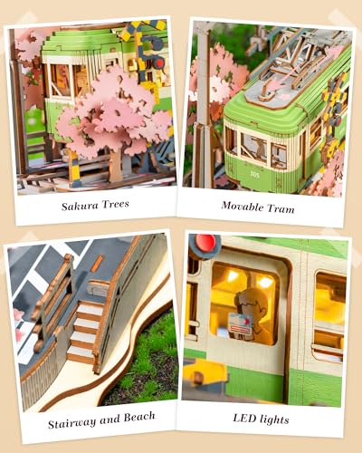 ROBOTIME 3D Puzzles for Adults DIY Model Building Toy with LED Light Wooden Craft Kits Diorama Tram Hobby for Kids Brain Teaser Gift (Sakura Journey) - WoodArtSupply