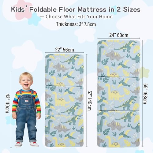 Tiita Foldable Floor Mattress for Kids-Glow in The Dark Toddler Nap Mat with Storage Bag, Portable Toddler Floor Futon for Travel, Daycare, Camping, RV, Playroom, Green Dinosaur Tiita
