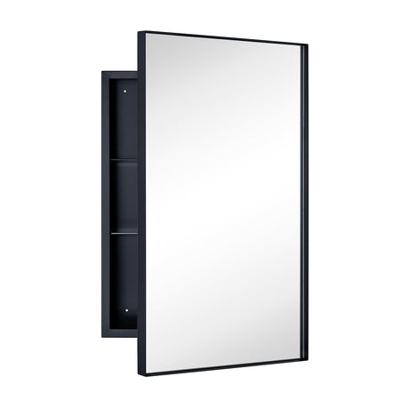 TEHOME Recessed Mount 16x26'' Squared Rectangle Matt Black Bathroom Medicine Cabinet with Mirror Black Metal Framed Rectanglular Medicine Cabinet 2 Adjustable Glass Shelves TEHOME