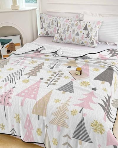 Christmas Pink Tree Quilt Full Queen Bedding Set, Contemporary Minimalist Grey Lightweight Summer Quilt with Pillow Shams 3 Pieces Microfiber Soft Quilt Set Bedspread Coverlet for All Seasons Onekaccu