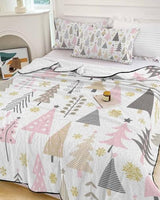 Christmas Pink Tree Quilt Full Queen Bedding Set, Contemporary Minimalist Grey Lightweight Summer Quilt with Pillow Shams 3 Pieces Microfiber Soft Quilt Set Bedspread Coverlet for All Seasons Onekaccu