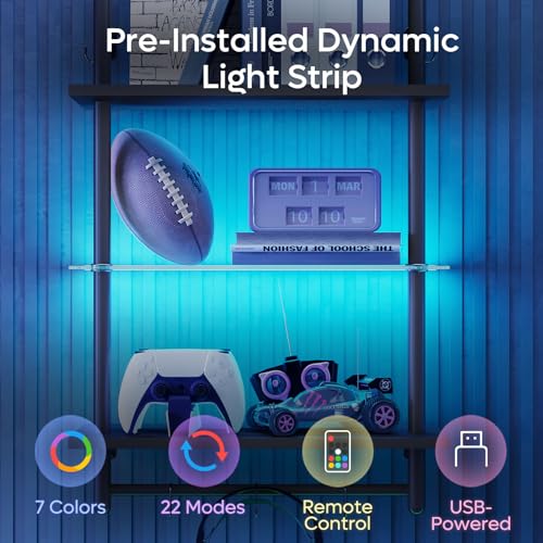 Bestier Gaming Floating Shelves, 24 inch LED Wall Mounted Shelves with Towel Bar, Coffee Bar Shelves with Glass Shelf & 8 Hooks, 3 Tier Hanging Display Rack for Wall Decor, Black Carbon Fiber Bestier