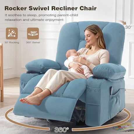 REFICCER Rocker Recliner Chair with Massage and Heat, Fabric Overstuffed Swivel Recliners Glider with Cup Holder Side Pocket, Rocking Reclining Sofa Chair for Adults Living Room, Blue REFICCER