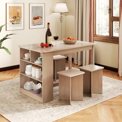 Giantex 5-Pieces Dining Table Set for 4, Kitchen Table Set with Side Storage Shelf, 4 Square Stools, Space-Saving Dining Furniture for Dinner, Dinette, Living Room, Apartment, Restaurant (Natural) Giantex
