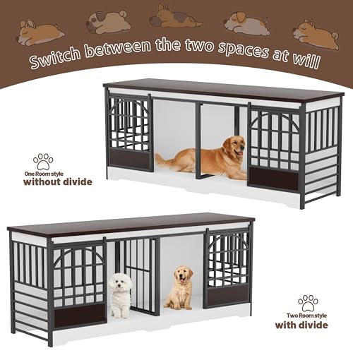 COZPAW 78 Inch Double Dog Crate Furniture, Extra Large Dog Kennel Indoor for 2 Dogs, Heavy Duty Dog Cage with Divider, Wooden Dog House Decorative Table TV Stand for XLarge Dogs (White&Brown) COZPAW