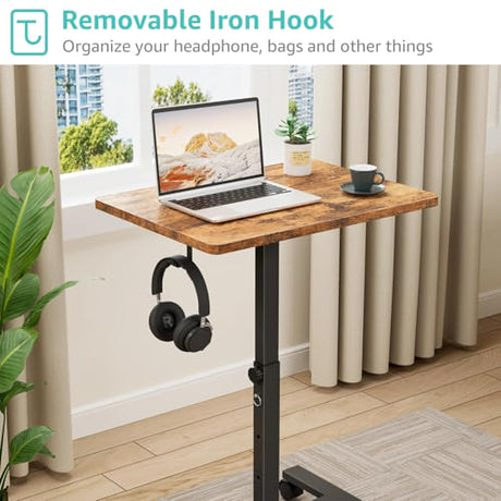 Small Portable Standing Rolling Desk - 24 Inch Mobile Stand Up Desk Adjustable Height on Wheels for Small Spaces, Couch Kids Laptop Desks End Side Table, Teacher Podium for Classroom, Rustic Brown WINAZ