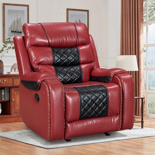 VireoNest Leather Rocker Recliner Chair 350lb Capacity, Tool-Free Assembly, Recliner Chair with Overstuffed Armrest, Manual Reclining Chairs for Living Room, Bedroom, Home Theater Seating (Red)