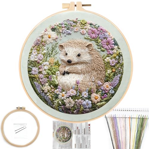 FONNUY Embroidery Kit for Beginners, Cute Hedgehog Stamped Embroidery Patterns Kits for Adults with Hoop, Easy to Follow Sewing Thread Needlework, 8'' Hoop (Adorably Spiky)