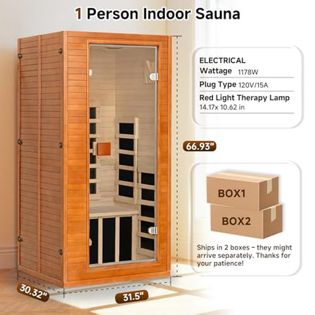 springspa Infrared Sauna for Home, 1 Person Home Sauna with Red Light Therapy, Canadian Hemlock Wooden Dry Saunas Room with Bluetooth Speakers, 1178 W/120V, 15 Minutes Pre-Warm up springspa