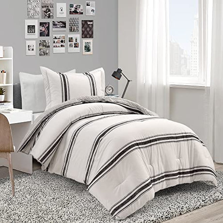 Lush Decor Farmhouse Stripe Reversible Cotton Comforter Set, 2-Piece, Twin XL Black - Twin Bedding Set - Dorm Decor - Striped Comforter for Farmhouse Bedroom Decor Lush Decor