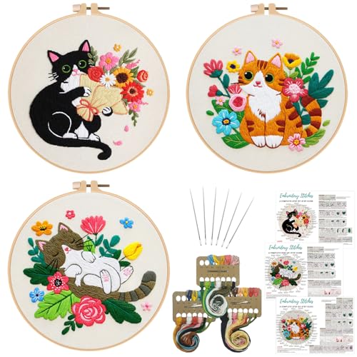 Nuberlic Cat Embroidery Kit for Adults Beginners - 3 Pre-Printed Animal Patterns, Adults Starter Cross Stitch Kit DIY Needlepoint