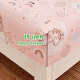 JSD Pink Unicorn Kids Sheet Set Twin Size, 3 Piece Girls Rainbow Printed Microfiber Bed Sheets Deep Pocket JSD
