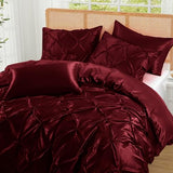 P Pothuiny 5 Pieces Satin Pintuck Duvet Cover Set, Silky Like Burgundy Pinch Pleat Duvet Cover King Size Luxury Bedding Set with Corner Ties, 2 Pillow Shams + 2 Pillowcases (No Comforter) P Pothuiny