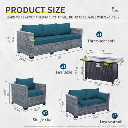 Lviden 5 Piece Wicker Patio Furniture Sets Outdoor Conversation Set, PE Rattan Sectional Sofa Couch with 45" Fire Pit Table and Non-slip Peacock Blue Cushions, Furniture Covers included Lviden