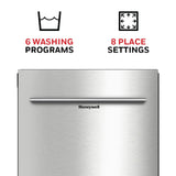 Honeywell 18 Inch Dishwasher with 8 Place settings, 6 Washing Programs, Stainless Steel Tub, UL/Energy Star- Stainless Steel Honeywell