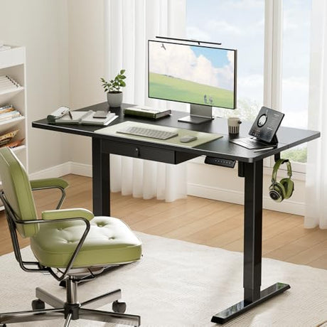 Marsail 48x24 Electric Standing Desk with Drawer, Computer Desk, Sit Stand Office Table with Storage & Hooks & Cable Management, Ergonomic Height Adjustable Table for Home Office, Black Marsail