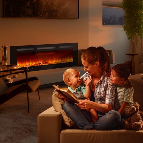 SLEKVERSA Electric Fireplace 40 Inch, Ultra-Thin Recessed and Wall Mounted Fireplace Heater, Linear Fire Place w/Thermostat, Remote & Touch Screen, Multicolor Flame, Timer, Logs & Crystal, 120V 1500W SLEKVERSA