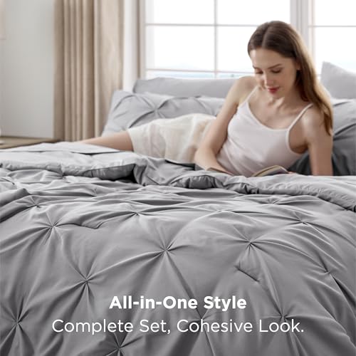 Bedsure Queen Comforter Set Grey - Bed in a Bag Queen Size Bedding 7 Pieces, GentleSoft™ Pintuck Bed Set Gift for Family, Pinch Pleat All Season Comforter with Sheets, Pillowcases & Shams Bedsure
