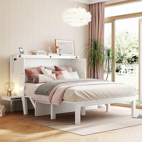 Jintop Queen Size Murphy Bed Chest,Cabinet Hideaway Bed with USB Port and Removable Shelves on Each Side,Wood Wall can be Folded,Platform Bedframe for Kids Bedroom,Student Dorms,White Jintop