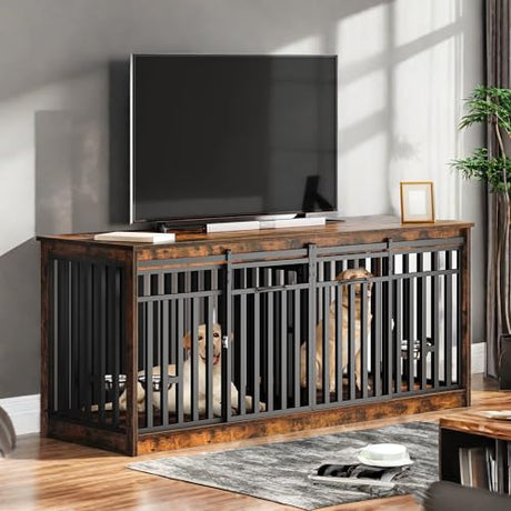 YITAHOME 71 Inch Double Dog Crate Furniture for 2 Dogs, Heavy Duty Wooden Dog Crate TV Stand with 4 Dog Bowls, Dog Kennel Indoor Furniture Sliding Barn Door Design for Extra Large Dogs, Rustic Brown YITAHOME