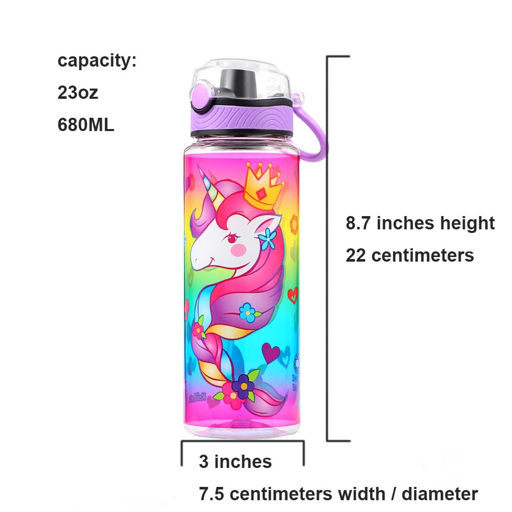 Cute Water Bottle for School Kids Girls, BPA FREE Tritan & Leak Proof & Easy Clean & Carry Handle, 23oz/ 680ml - Unicorn Home Tune