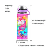 Cute Water Bottle for School Kids Girls, BPA FREE Tritan & Leak Proof & Easy Clean & Carry Handle, 23oz/ 680ml - Unicorn Home Tune