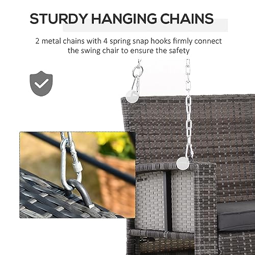 Outsunny 2 Person Wicker Hanging Swing Bench, Front Porch Swing Outdoor Chair with Cushions 550 lbs. Weight Capacity for Backyard, Garden, Grey - WoodArtSupply