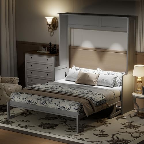 LUMISOL Queen Size Murphy Bed with Desk, LED Lights and USB Charging Station, Solid Wood Wall Bed Cabinet with Storage, Queen Foldable Wall Bed Frame with Desk for Guest Room Office, Gray LUMISOL