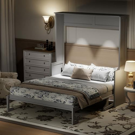 Merax Queen Size Murphy Bed with Small Storage Shelf(AS Desk), Wall Murpht Bed Cabinet Queen with Lights and USB Charging Station, No Box Spring Needed, Gray Merax