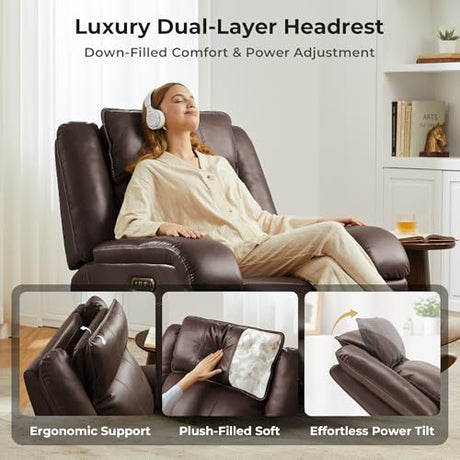 SITJOY Pet Friendly Leather Power Recliner Chair, Zero Wall Hugger RV Recliners with Power Headrest, Charging Ports, Side Pockets, Down-Filled, Scratch Resistant Waterproof Faux Leather in Dark Brown SITJOY