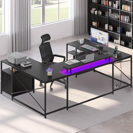 DWVO U Shaped Desk with Drawers, 79" Reversible L Shaped Desk with Power Outlets & LED Lights, Corner Computer with Monitor Stand & Storage Shelves, Black DWVO