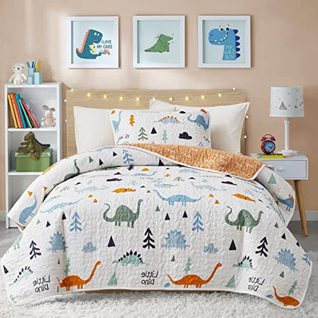 Joyreap 3-Piece Cotton Quilt Set Full/Queen, Cute Dinosaur Reversible Design for Kids Boys n Girls, Breathable Quilt Bedspread Bed Cover for All Season, 1 Quilt and 2 Pillow Shams- 90x90 inches Joyreap