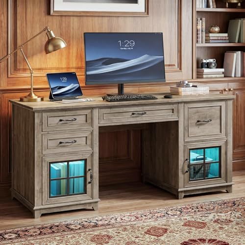 RALGEND 58" Farmhouse Executive Desk with Drawers, LED Light, Computer Desk with Drawers and File Cabinet, Wooden Home Office Desk with Charging Station, Workspace for Writing, Greige RALGEND