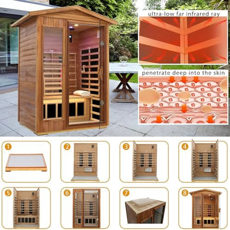 KUNSANA Outdoor Sauna 2 Person, Ceramic Infrared Saunas for Home, Ultra Low EMF Infrared Sauna, Mahogany Wood Home Sauna Room with Bluetooth Speakers, LED Reading Lamps, Chromotherapy Lights KUNSANA