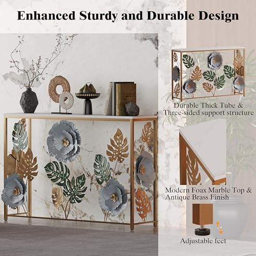 FormaCraft Vintage Console Table with Metal Flower Design, 47" Modern Faux Marble Entryway Table, Narrow Gold Sofa Table for Living Room, Hallway, Bedroom FormaCraft