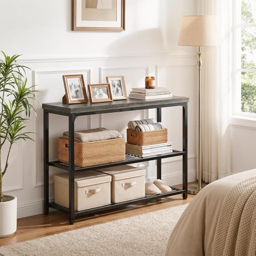 Besiost 32" Small Console Table with 3-Tier Storage, Industrial Narrow Entryway Table, Sofa Table Behind Couch for Hallway, Foyer & Living Room, Sturdy Metal Frame, Oak Grey Besiost