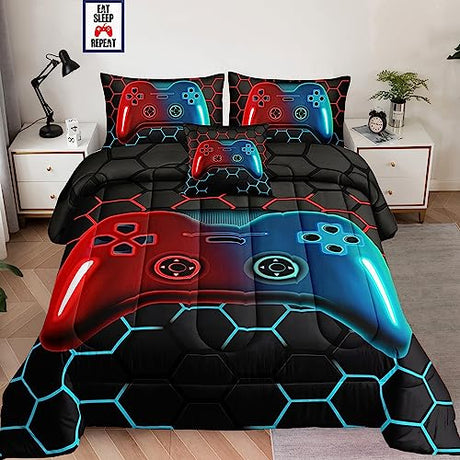 5 Pieces Bed in a Bag for Boys Bedding Sets Twin Size,Gamer Comforter Sets for Boys Kids, Gaming Comforter Set for Teens Room Decor with Flat Sheet,Fitted Sheet,Pillowcase,Cushion Cover lris Bedding