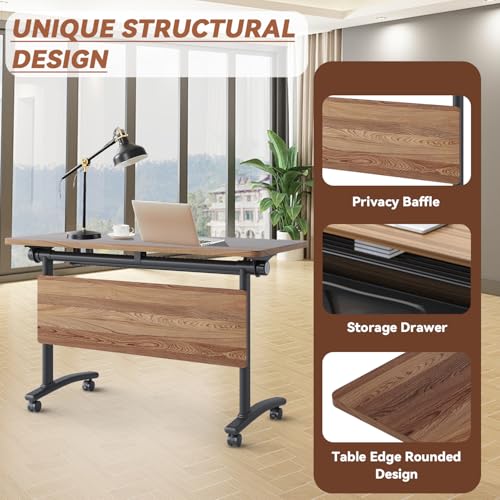 Folding Conference Room Tables with Wheels,Mobile Conference Table with Wooden Tabletop,Modular Training Tables Space Saving,Large Rolling Table for Office Classroom Meeting Room (4, Walnut, 55.1in) SOIUDNEB