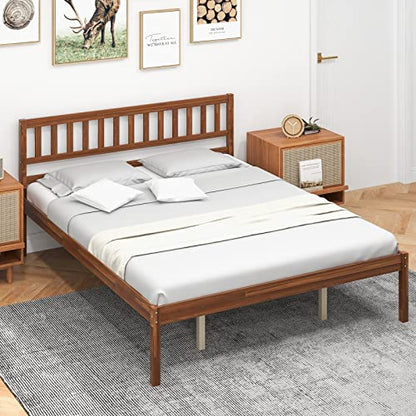 Giantex Wood Queen Bed Frame with Headboard, Mid Century Platform Bed with Wood Slat Support, Solid Wood Foundation, 12 Inch Height for Under Bed