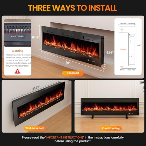 Sweetcrispy 60” Electric Fireplace Insert, 1500W Wall Mounted & Recessed Fireplace, Freestanding Fireplace Heater with Remote & Touch Panel Control, Adjustable Flame Effect, 12H Timer for Indoor use Sweetcrispy