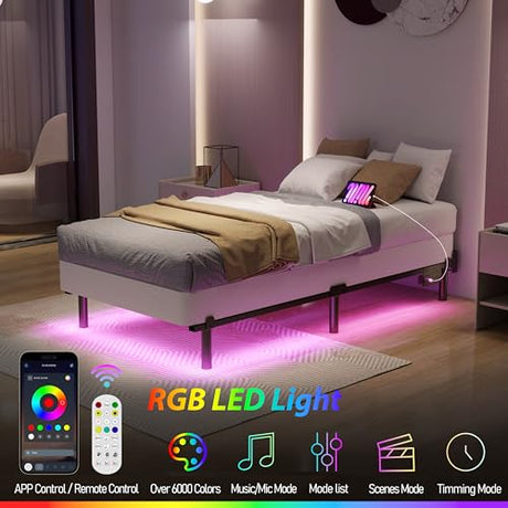Adjustable Bed Frame with Smart LED Lights & Charging Station,Sturdy Metal Platform Bed Base for Box Spring & Mattress,Headboard Compatible,Length Extendable,Twin/Full/Queen/King Size (7 Inch, Twin) HusDream