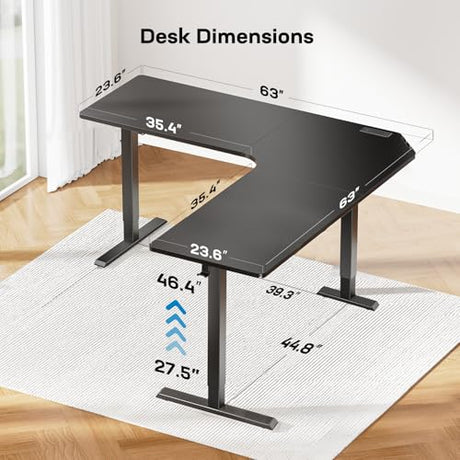 HUANUO Electric L Shaped Standing Desk, 63" x 63" Height Adjustable Corner Standing Desk with Built-in Power Outlets & Power Strip Holder, Sit Stand Up Table with 4 Preset Heights, Black HUANUO